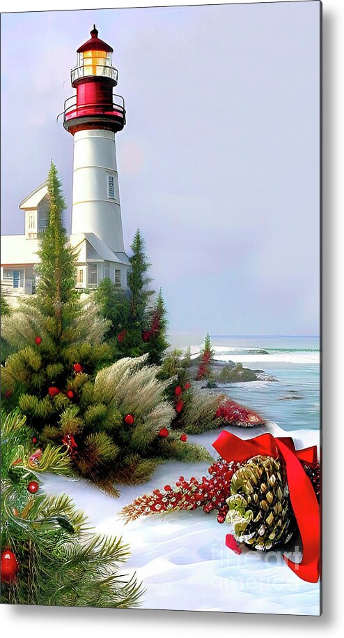 Ocean Metal Print featuring the digital art Christmas at the Ocean Lighthouse by Elaine Manley