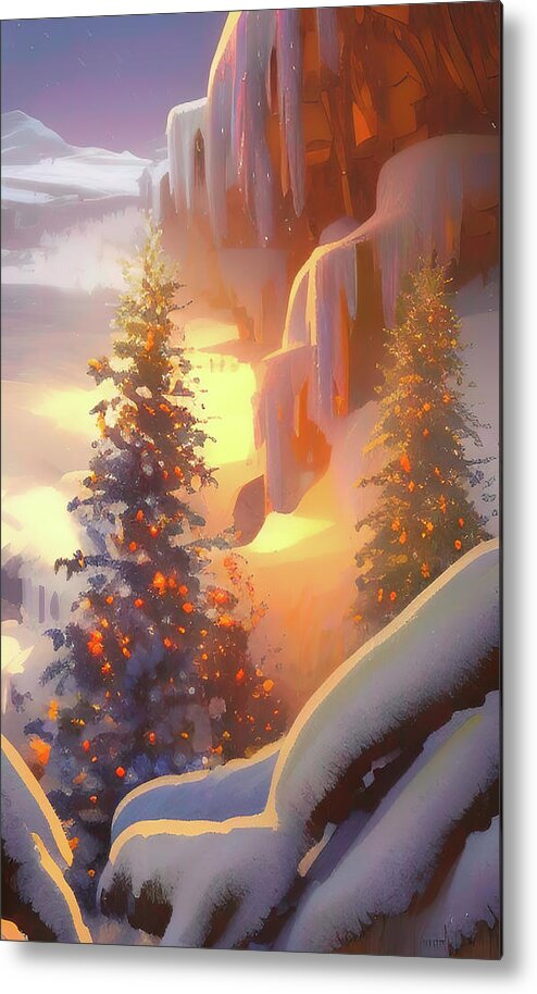 Tree Metal Print featuring the digital art Christmas Tree Under icy rocks at sunrise by Darren White