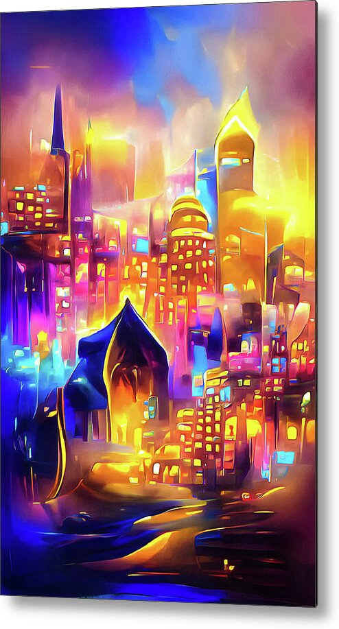 City Metal Print featuring the digital art City Lights 01 Magical Golden Glow by Matthias Hauser