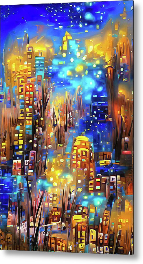 City Metal Print featuring the digital art City Lights 09 Golden Glitter and Blue Night by Matthias Hauser