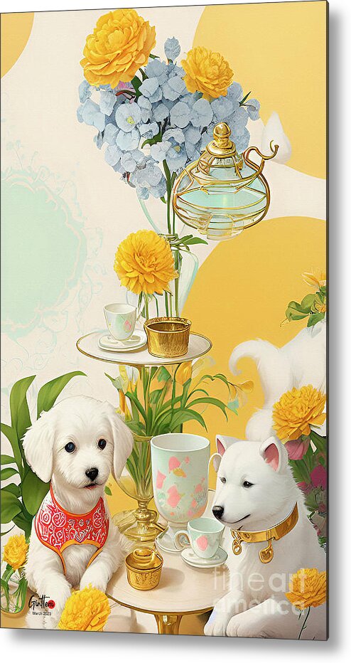 Digital Art Metal Print featuring the digital art Dogs Waiting For Breakfast Ginette In Wonderland Decorative Art by Ginette Callaway