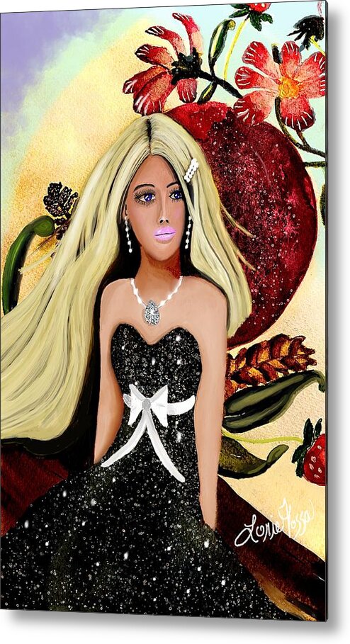 Flower Moon Woman Whimsical Black Dress Fashion Colorful Contemporary Metal Print featuring the mixed media Flower Moon by Lorie Fossa