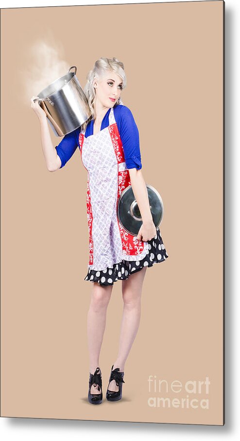 Cook Metal Print featuring the photograph Pinup housewife with a cooking pot by Jorgo Photography