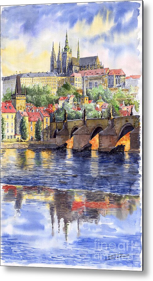 Watercolour Watercolor Prague Praha Cityscape Castle Old City Hous Bridge Metal Print featuring the painting Prague Castle with the Vltava River 1 by Yuriy Shevchuk