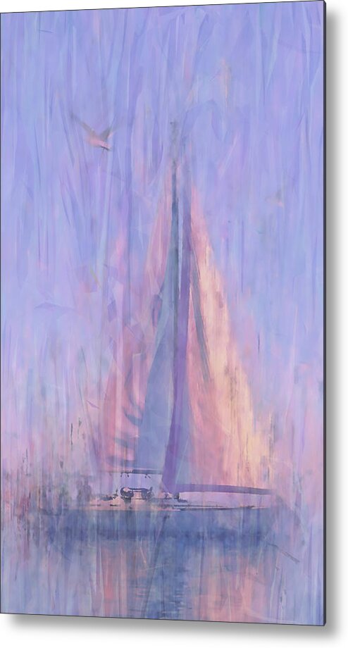 Sailboat Metal Print featuring the mixed media Sailboat at Dawn by Alex Mir