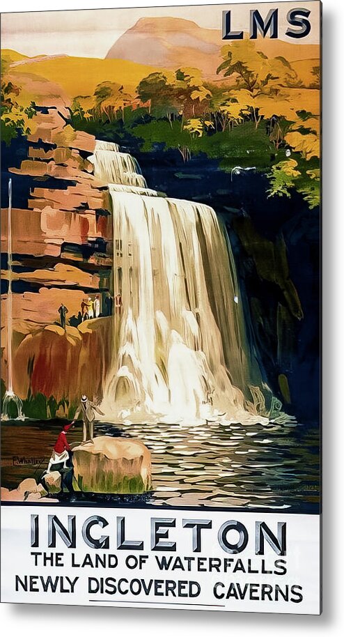 1932 Metal Print featuring the drawing Vintage Ingleton Waterfalls Yorkshire Dales Travel Poster 1932 by M G Whittingham