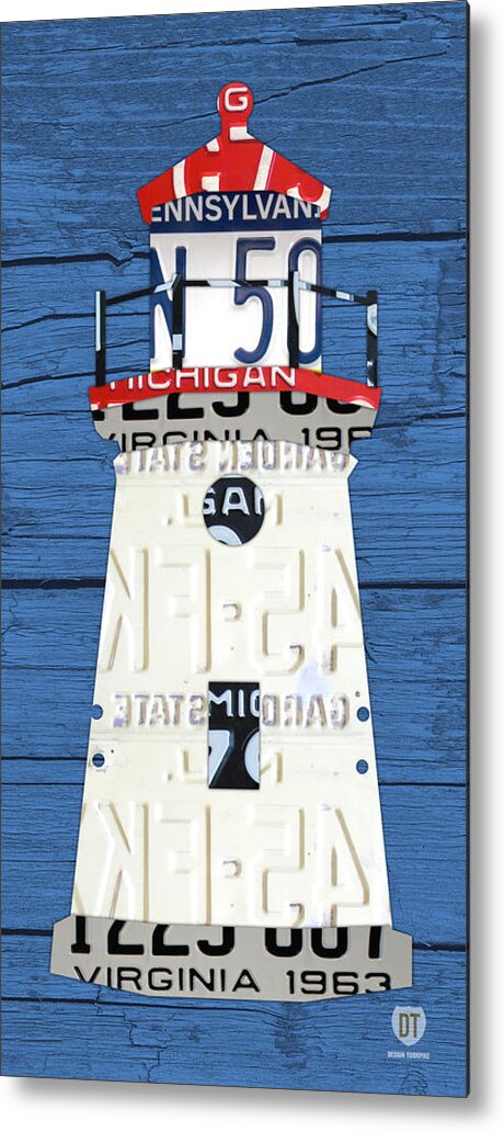 Cheboygan Metal Print featuring the mixed media Cheboygan Crib Lighthouse Michigan Vintage License Plate Art on Wood by Design Turnpike