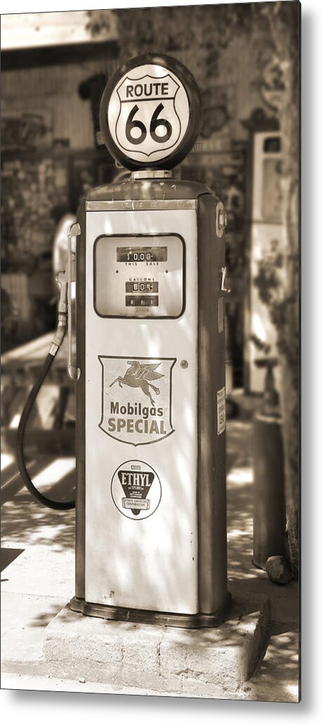 Route 66 Metal Print featuring the photograph Mobilgas Special - Tokheim Pump - Sepia by Mike McGlothlen