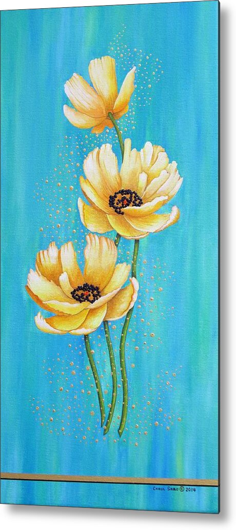 Poppies Metal Print featuring the painting Three Yellow Poppies with Pixie Dust by Carol Sabo