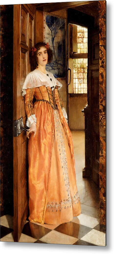 At The Doorway Metal Print featuring the painting At The Doorway by Laura Theresa Alma-Tadema