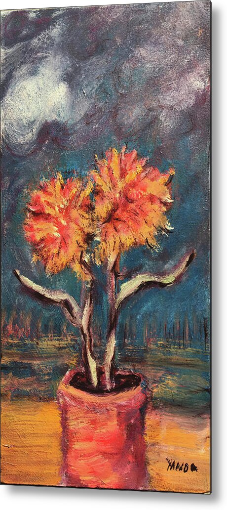 Autumn Feathered Petals Planted Vase Soft Clouds Two Flowers Original Art Oil Painting By Katt Yanda Metal Print featuring the painting Autumn Feathered Petals by Katt Yanda