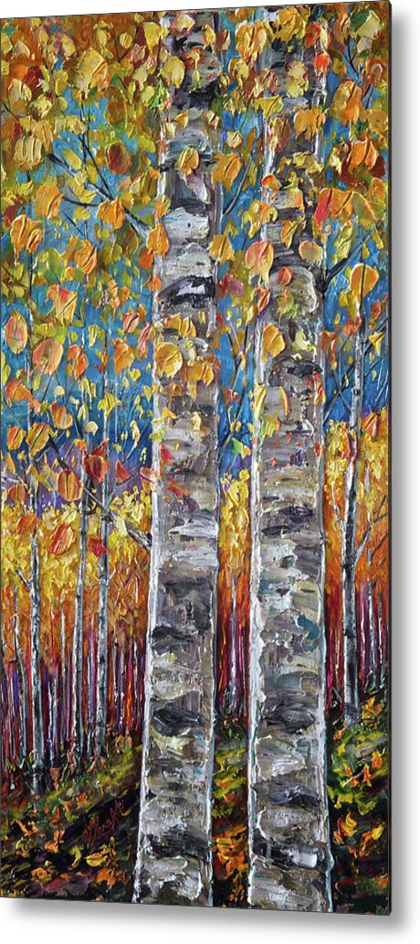 Lena-owens Metal Print featuring the digital art Colourful Autumn Aspen Trees by Lena Owens @OLena Art by Lena Owens - OLena Art Vibrant Palette Knife and Graphic Design