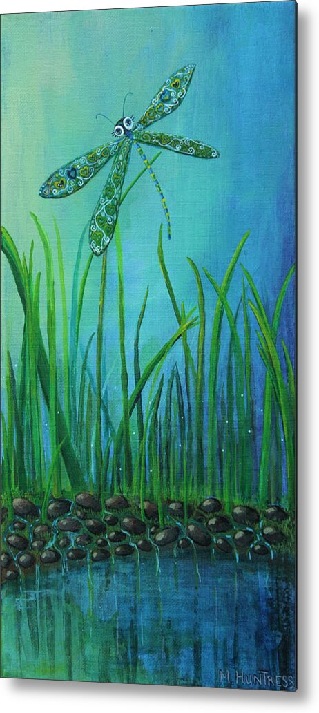 Dragon Fly Metal Print featuring the painting Dragonfly at the Bay by Mindy Huntress