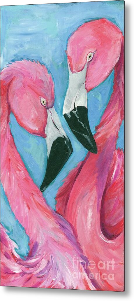 Flamingo Flamingos Pink Purple Feathers Birds Wildlife Coastal Tropical Beak Black Exotic Heart Juvenile Teen Home Décor Metal Print featuring the painting Love is for the Birds by Anne Seay