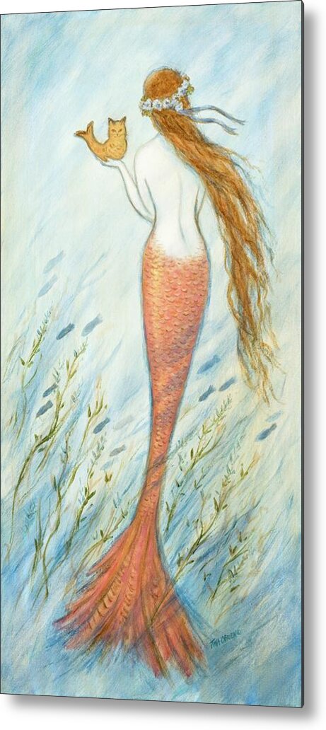 Mermaid Metal Print featuring the painting Mermaid and Her Catfish, Goldie by Tina Obrien