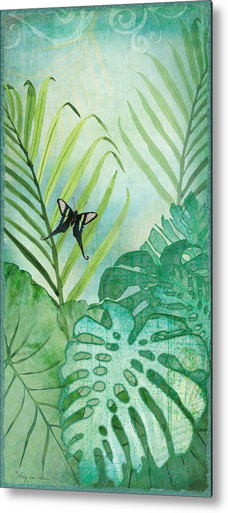 Jungle Metal Print featuring the painting Rainforest Tropical - Philodendron Elephant Ear and Palm Leaves w Botanical Butterfly by Audrey Jeanne Roberts