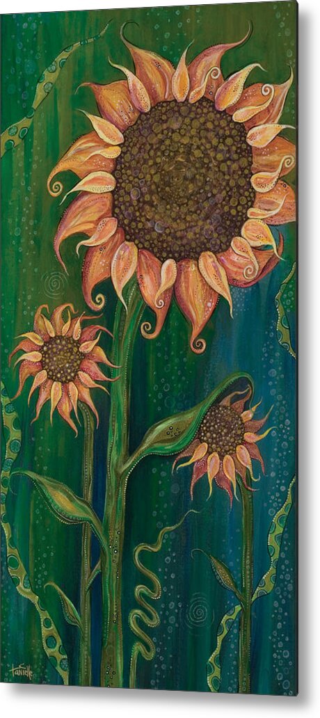 Sunflowers On Green Background Metal Print featuring the painting Vivacious by Tanielle Childers