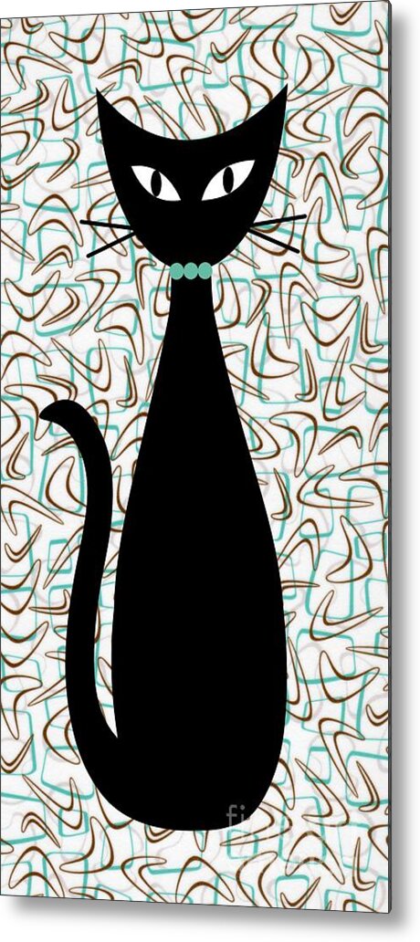 Mid Century Modern Metal Print featuring the digital art Boomerang Cat in Aqua and Brown by Donna Mibus