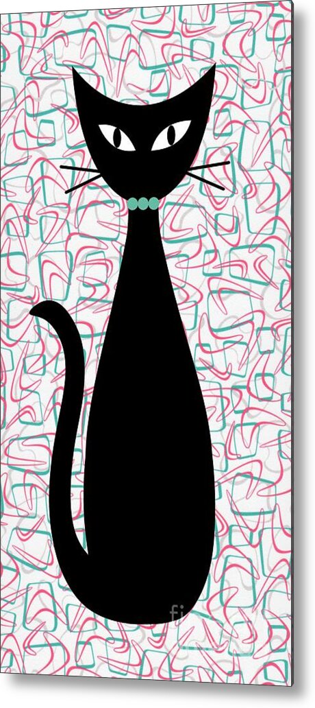 Mid Century Modern Metal Print featuring the digital art Boomerang Cat in Aqua and Pink by Donna Mibus