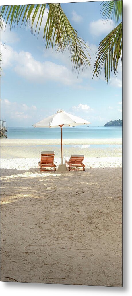 Triptych Metal Print featuring the photograph Deckchairs Under Palms #2 Triptych by David Wilkins