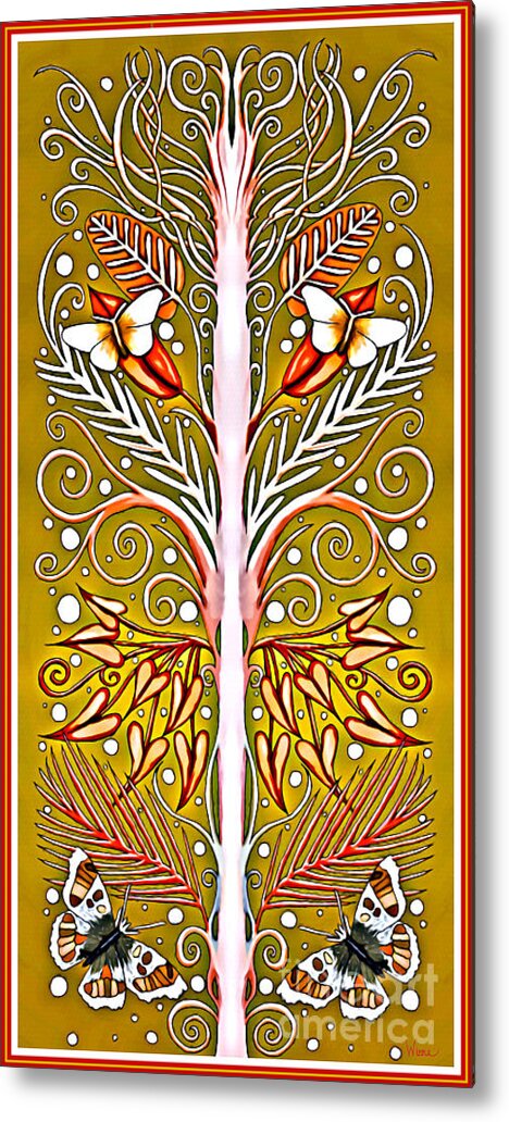 Espalier Metal Print featuring the tapestry - textile Grafted Espalier Plant in Gold, White, Red and Pink by Lise Winne