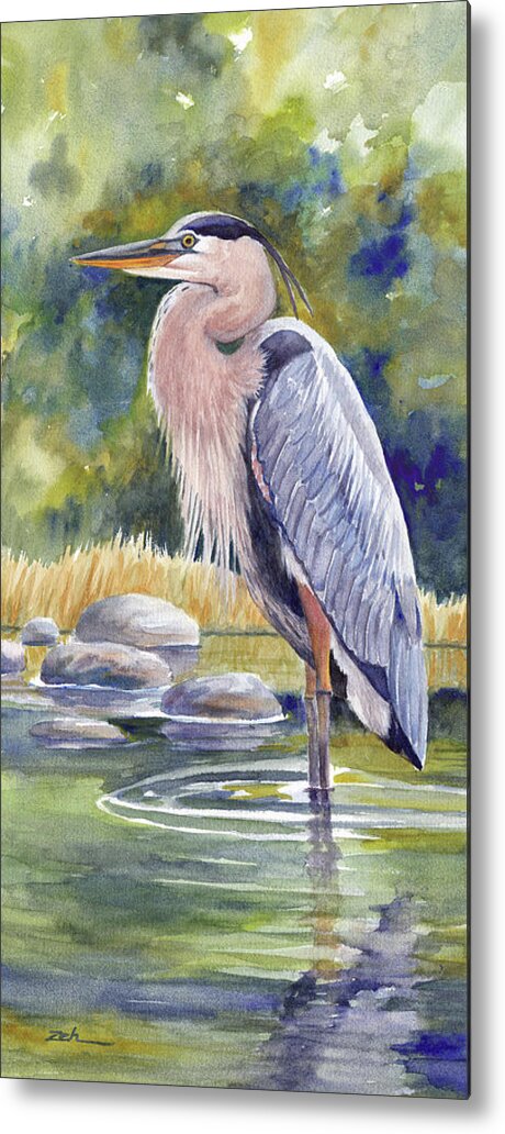 Great Blue Heron Metal Print featuring the painting Great Blue Heron in a Stream I by Janet Zeh