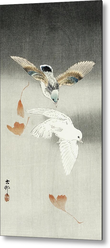 Birds Metal Print featuring the painting Two pigeons with falling ginkgo leaves by Ohara Koson