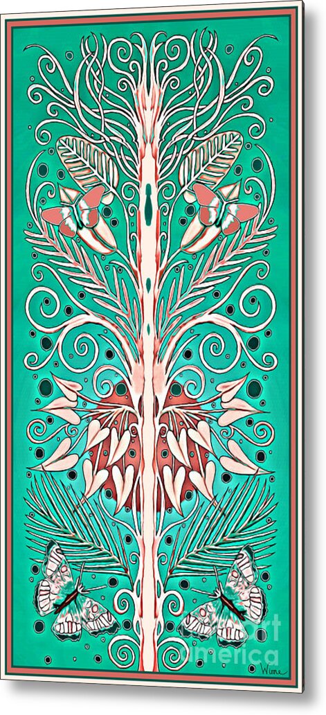 French Design Metal Print featuring the mixed media Viridian Green and Light Beige French Design with Four Butterflies by Lise Winne