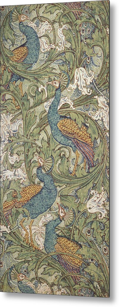 Design; Bird; Paper; Arts And Crafts Movement; Decoration; Peacock; Peacocks; Bird; Birds; Motif; Floral; Wallpaper; Wall; Paper; Peacock; Garden; Garden Scene; Muted Color; Decorative; Decor; Interior Decoration; Interior Design; Designs; Ornate; Ornamental; Cool Tones; Blue; Green; Yellow; Purple; Swirl; Swirling Lines; Repetition; Repeat; Pattern; Patters Metal Print featuring the painting Peacock Garden wallpaper by Walter Crane