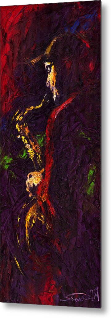 Jazz Metal Print featuring the painting Jazz Red Saxophonist by Yuriy Shevchuk