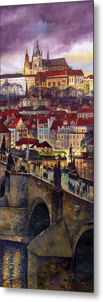 Prague Metal Print featuring the painting Prague Charles Bridge with the Prague Castle by Yuriy Shevchuk