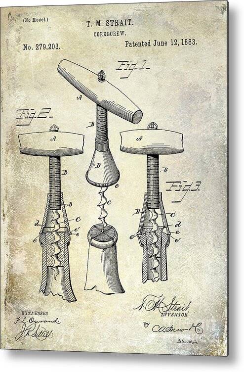 Corkscrew Metal Print featuring the photograph 1883 Corkscrew Patent drawing by Jon Neidert