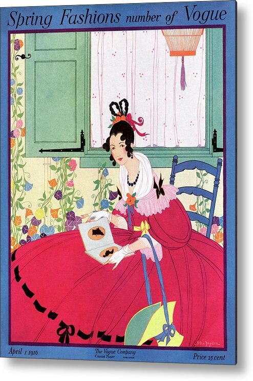Illustration Metal Print featuring the photograph A Vogue Cover Of A Woman Wearing A Pink Dress #1 by Helen Dryden
