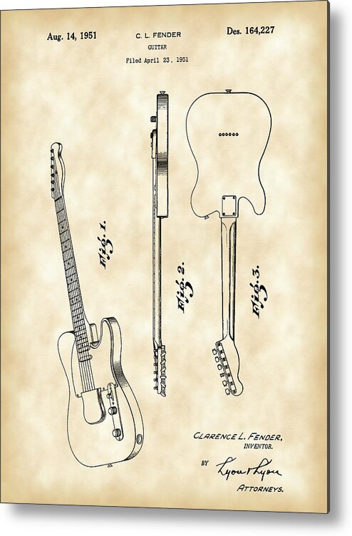Fender Metal Print featuring the digital art Fender Guitar Patent 1951 - Vintage by Stephen Younts