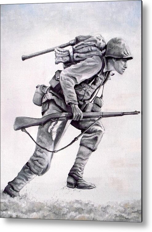 A U.s. Marine Charging The Beach On Iwo Jima Metal Print featuring the painting Follow Me by Martin Schmidt