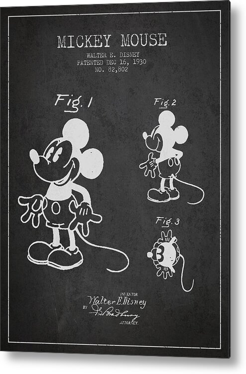 Mickey Mouse Metal Print featuring the digital art Mickey Mouse patent Drawing from 1930 #2 by Aged Pixel
