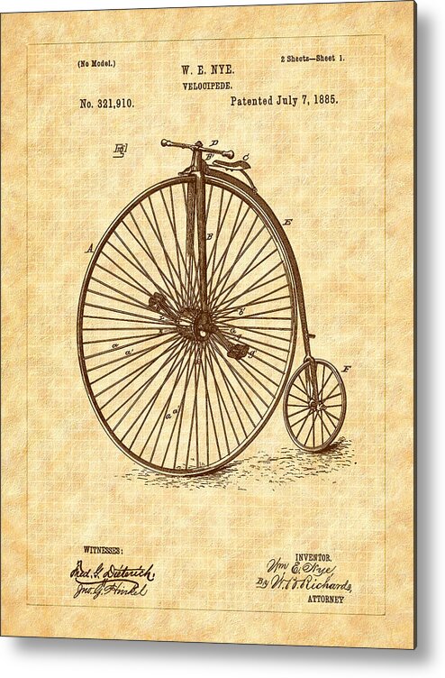 Velocipede Metal Print featuring the drawing 1885 Nye Velocipede Patent by Barry Jones