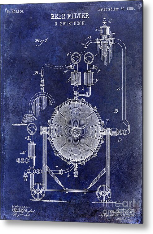 1889 Beer Filter Patent Drawing Metal Print featuring the photograph 1889 Beer Filter Patent Drawing Blue by Jon Neidert