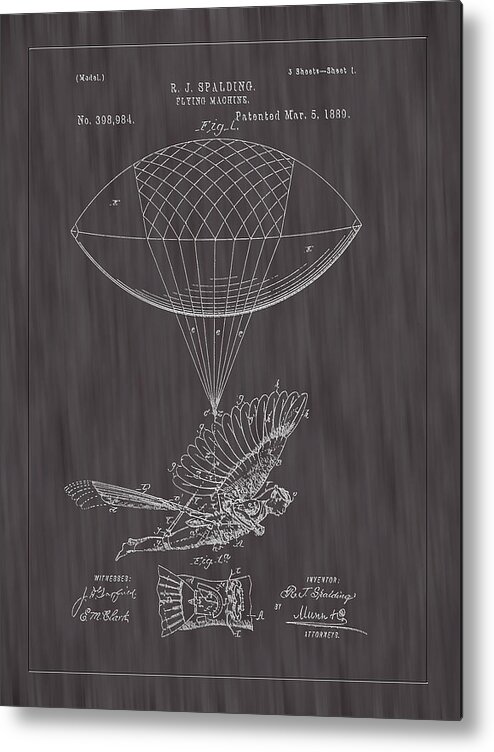 Spalding Flying Machine Metal Print featuring the photograph 1889 Spalding Flying Machine Patent Art-Black Woodgrain by Barry Jones