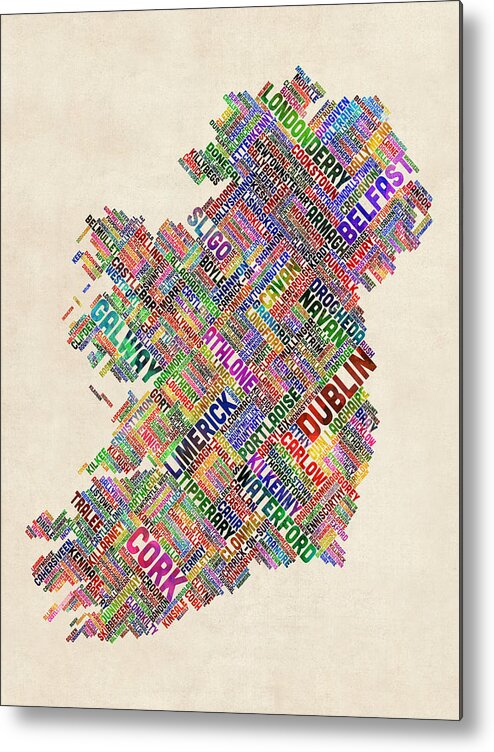 Ireland Map Metal Print featuring the digital art Ireland Eire City Text Map #19 by Michael Tompsett