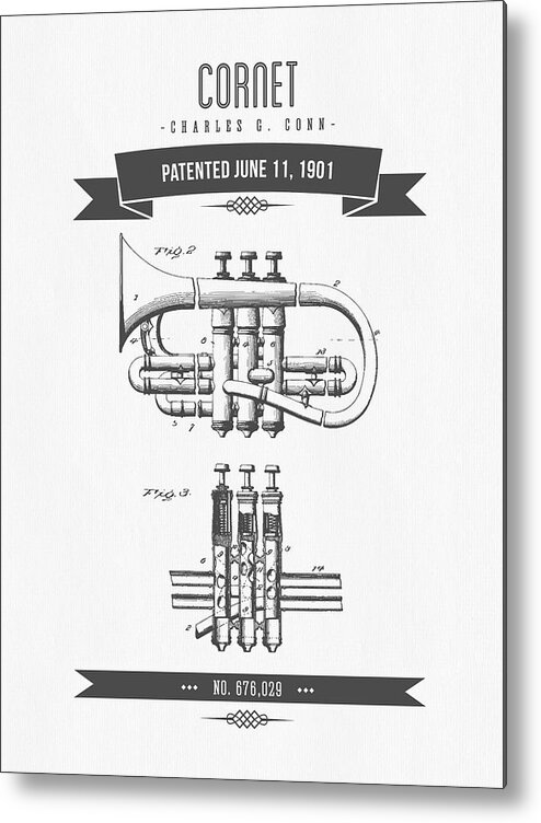 Cornet Metal Print featuring the digital art 1901 Cornet Patent Drawing by Aged Pixel