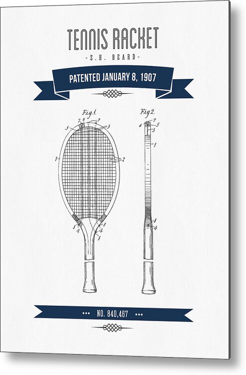 Tennis Metal Print featuring the digital art 1907 Tennis Racket Patent Drawing - Retro Navy Blue by Aged Pixel