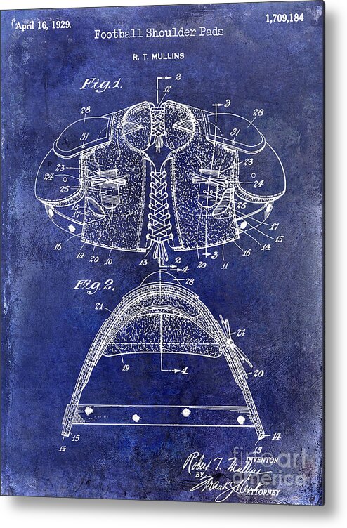 Football Shoulder Pads Patent Metal Print featuring the photograph 1929 Football Shoulder Pads Patent Drawing Blue by Jon Neidert