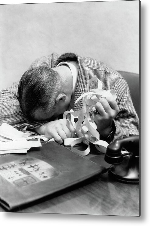 1930s 1940s Man With Head Down On Desk Metal Print By Vintage Images