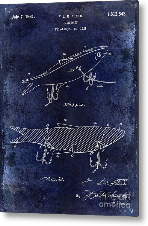1931 Fish Bait Patent Drawing Blue Metal Print by Jon Neidert - Pixels Merch