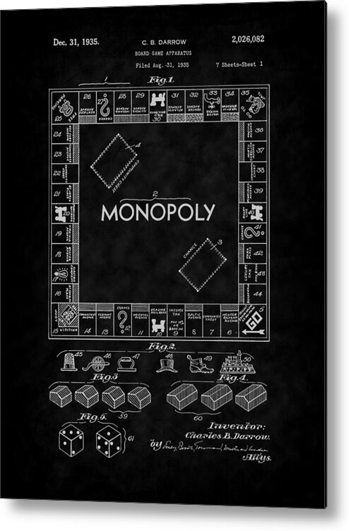 Monopoly Metal Print featuring the digital art 1935 Monopoly Board Game Patent-BK by Barry Jones