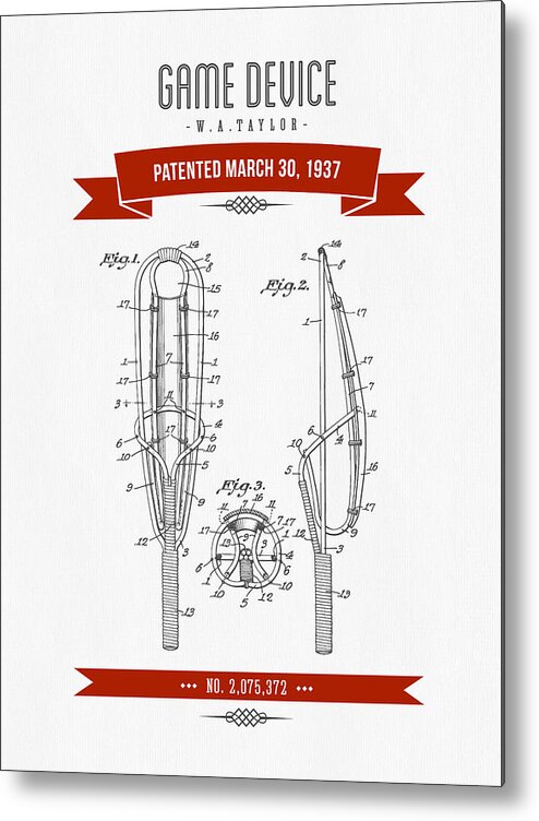 Lacrosse Metal Print featuring the drawing 1937 Game Device Patent Drawing - Retro Red by Aged Pixel