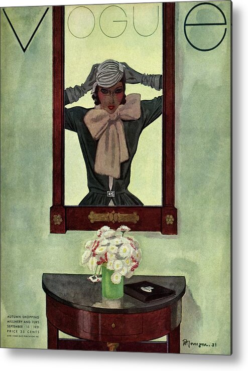 Illustration Metal Print featuring the photograph A Vintage Vogue Magazine Cover Of A Woman #2 by Pierre Mourgue