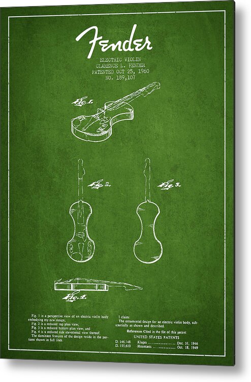 Violin Metal Print featuring the digital art Electric Violin Patent Drawing From 1960 #4 by Aged Pixel