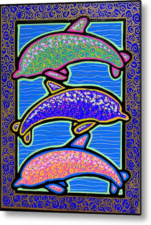 Dolphins Metal Print featuring the painting Tres Dolphins #2 by Jim Harris
